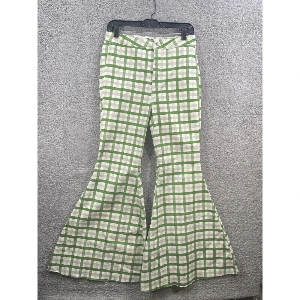New Free People Float on Flare Green Plaid High Rise Wide Leg Flare Jeans - Picture 2 of 6